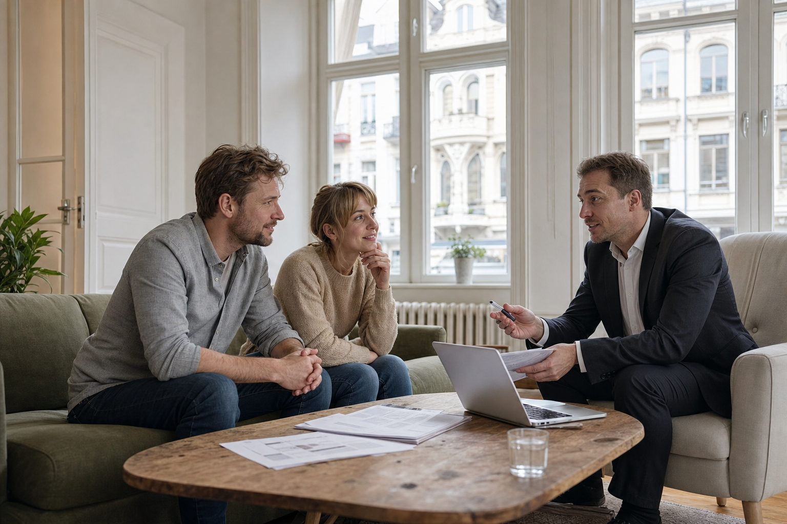 Familie bespricht Fördermöglichkeiten mit Energieberater im sanierten Altbauwohnzimmer