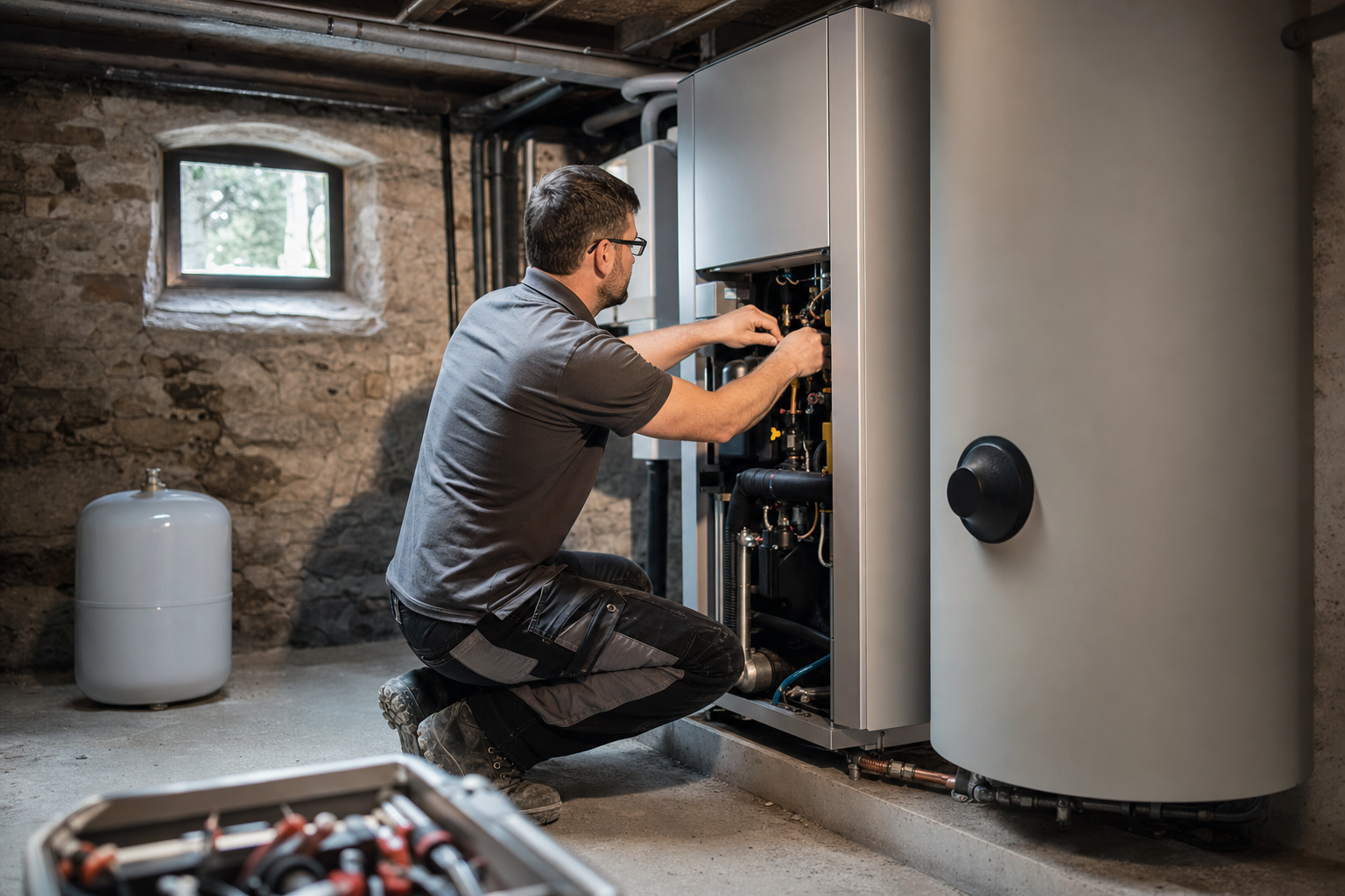 Handwerker installiert neue Heizungsanlage in einem Altbaukeller