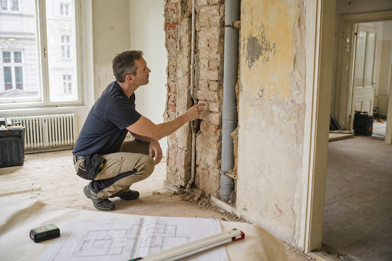 Handwerker prüft freigelegte Altbauwand in einer sanierten Wohnung mit Werkzeug und Bauplan