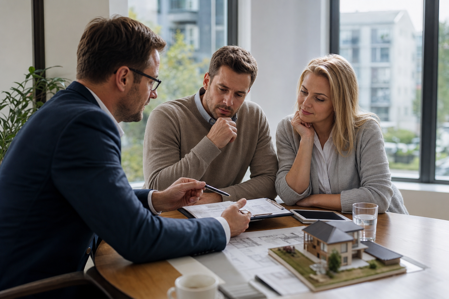 Berater erklärt einem Paar die Risiken einer Baufinanzierung im Büro