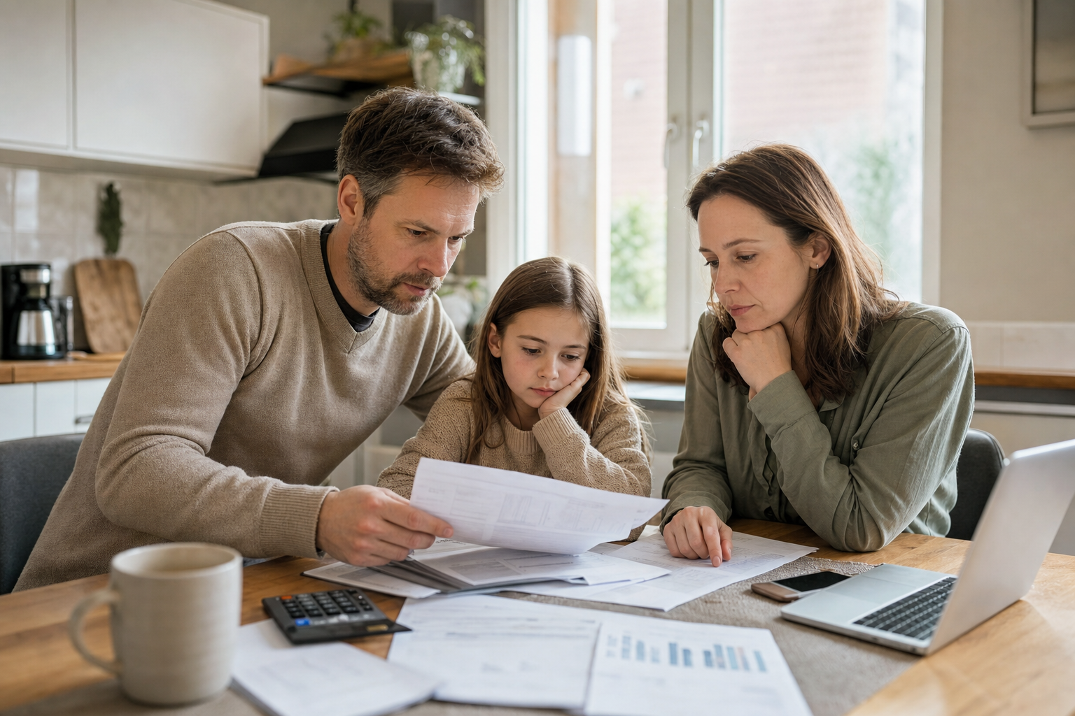Familie sitzt am Küchentisch und prüft gemeinsam Finanzierungsunterlagen