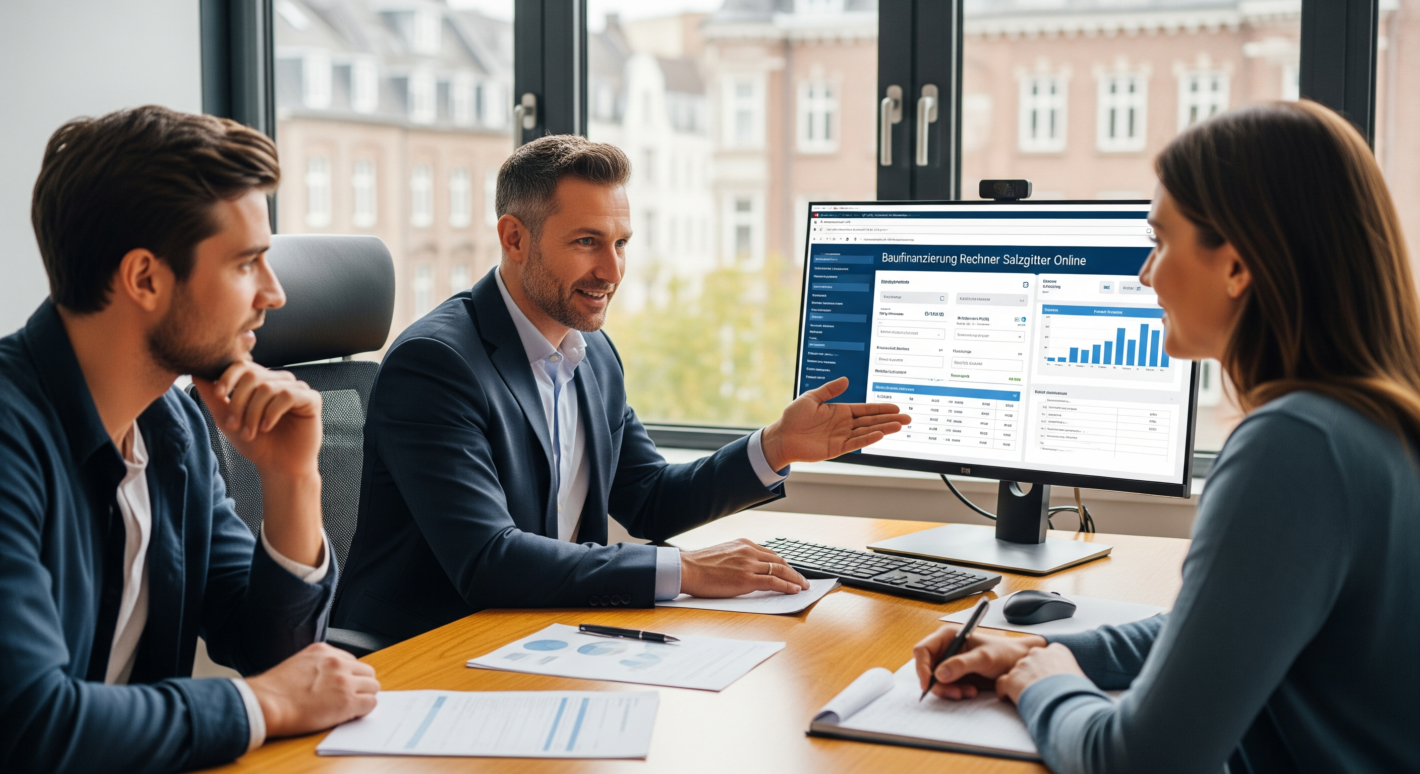 Finanzberater erklärt Baufinanzierungsgespräch mit Kunden in modernem Büro