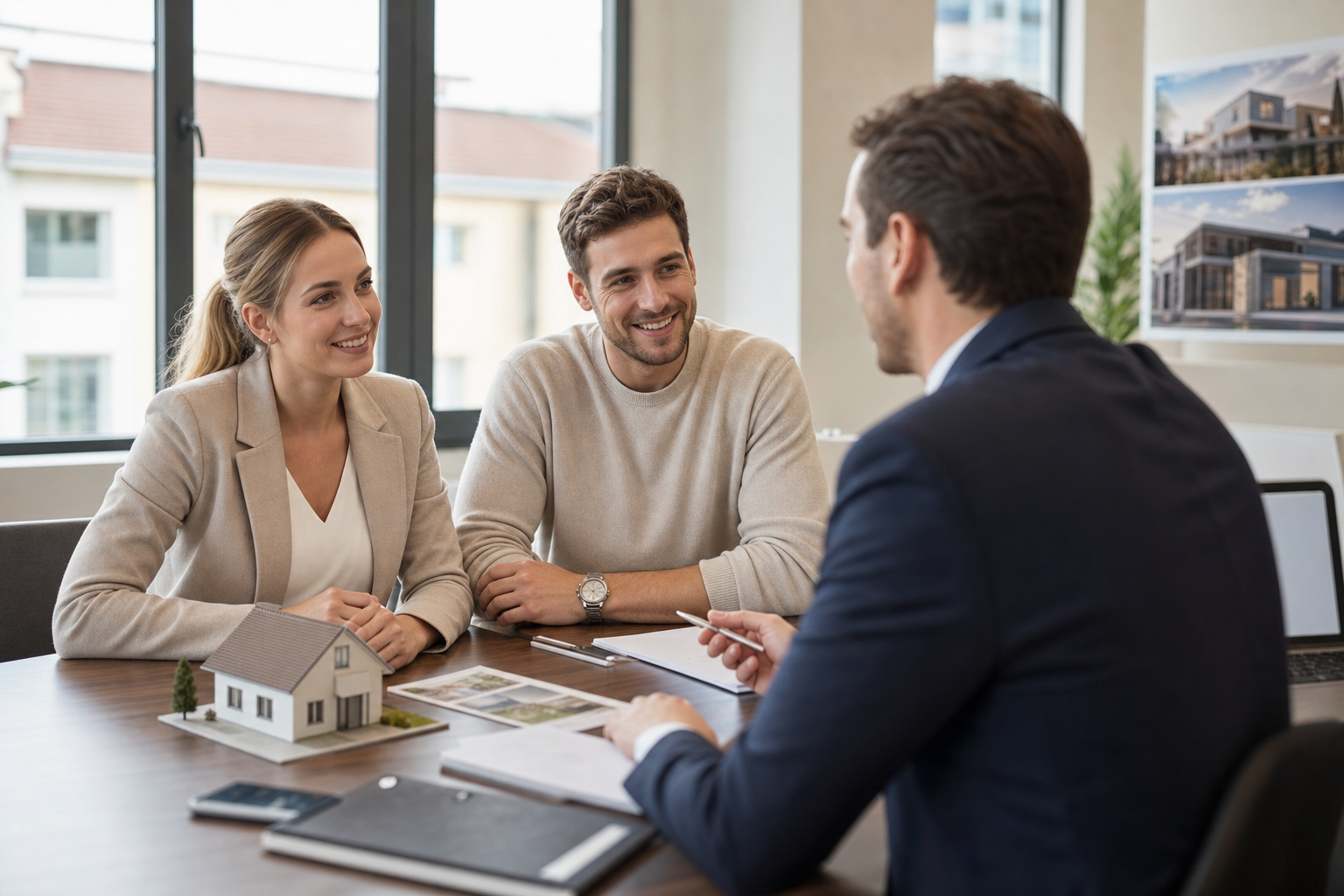 Junges Paar sitzt mit Berater am Tisch und bespricht Immobilienfinanzierung in einem modernen Büro