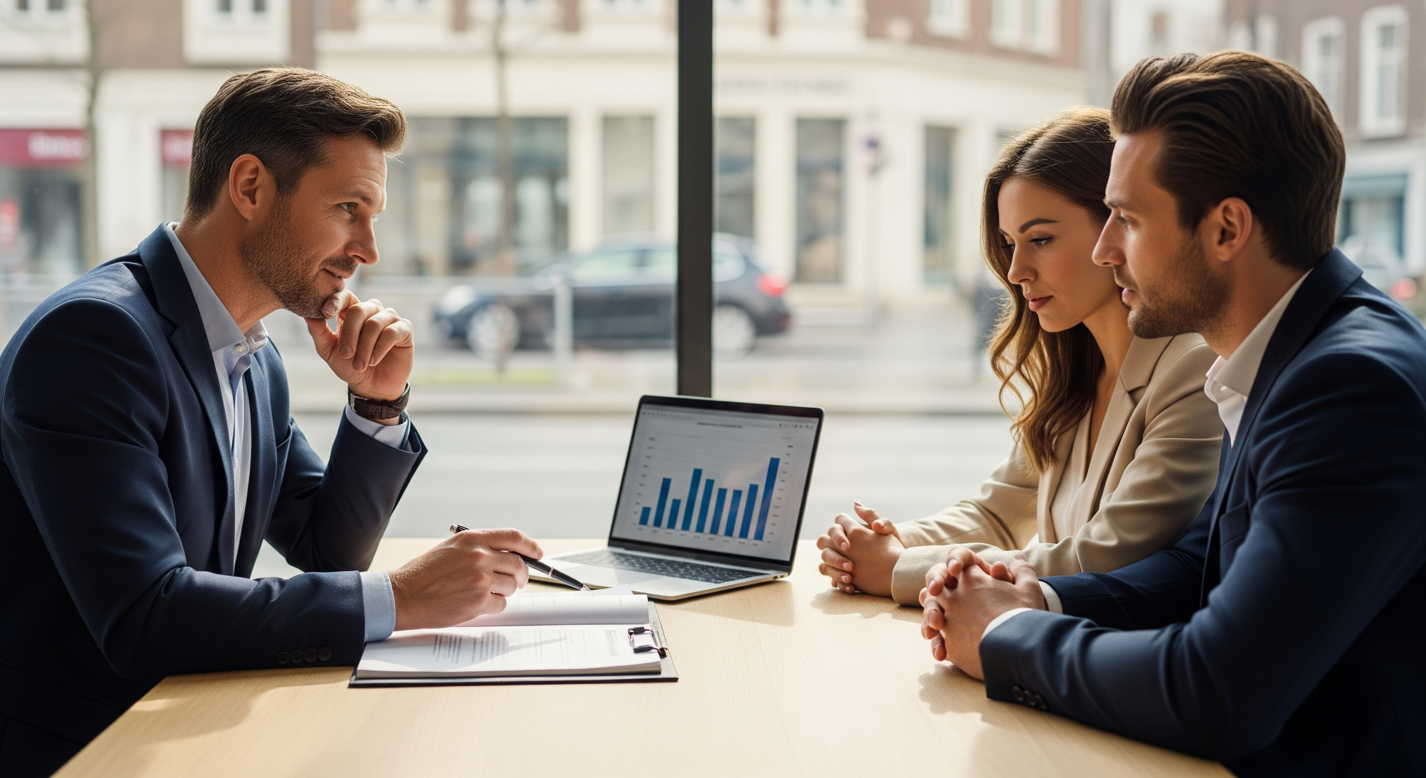 Ein Berater erklärt einem Paar am Tisch Finanzierungsunterlagen und zeigt auf einen Laptop