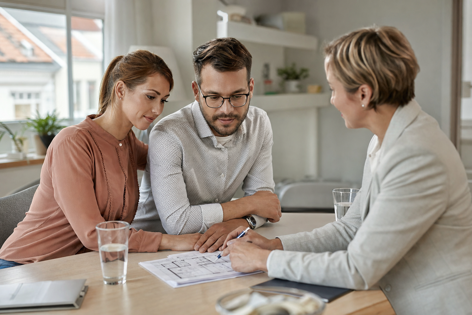Berater erklärt einem Paar die Baufinanzierung am Tisch mit Unterlagen