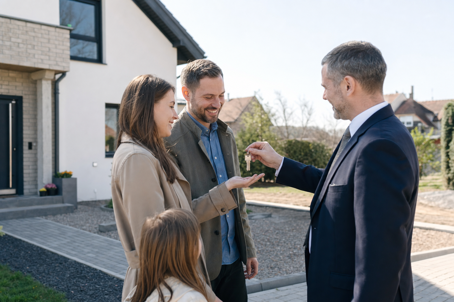 Familie steht vor neu gebautem Einfamilienhaus mit Schlüsselübergabe