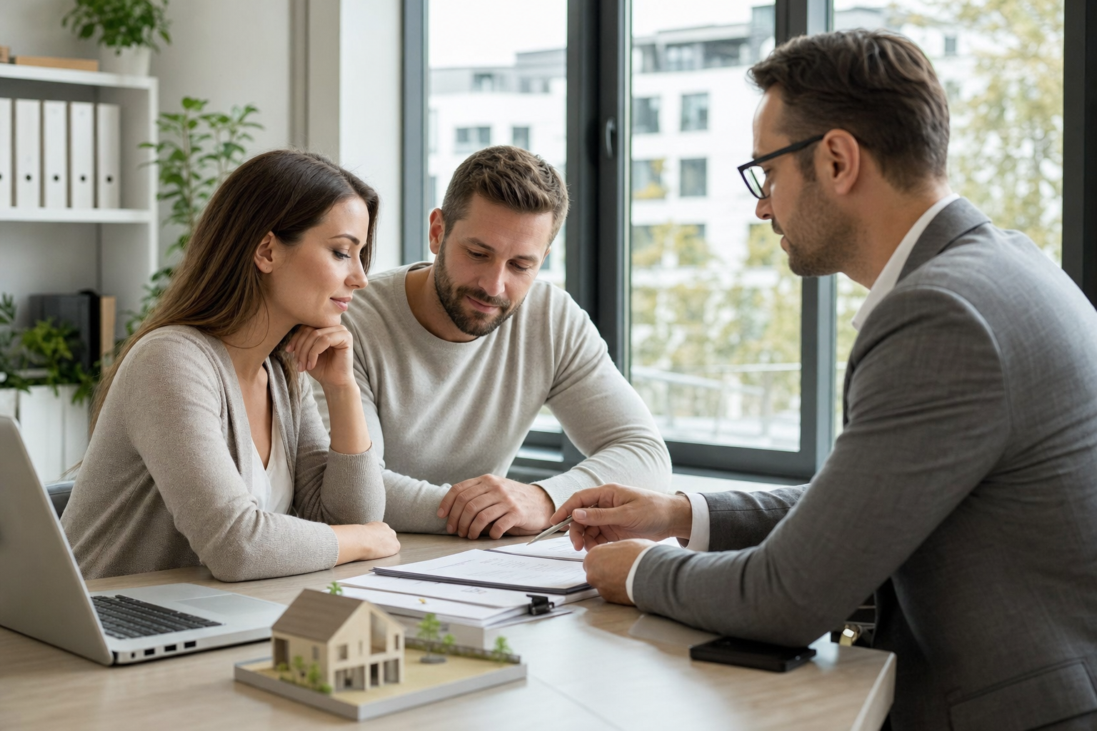 Ein Paar sitzt mit einem Finanzberater am Tisch und prüft gemeinsam Unterlagen zur Immobilienfinanzierung