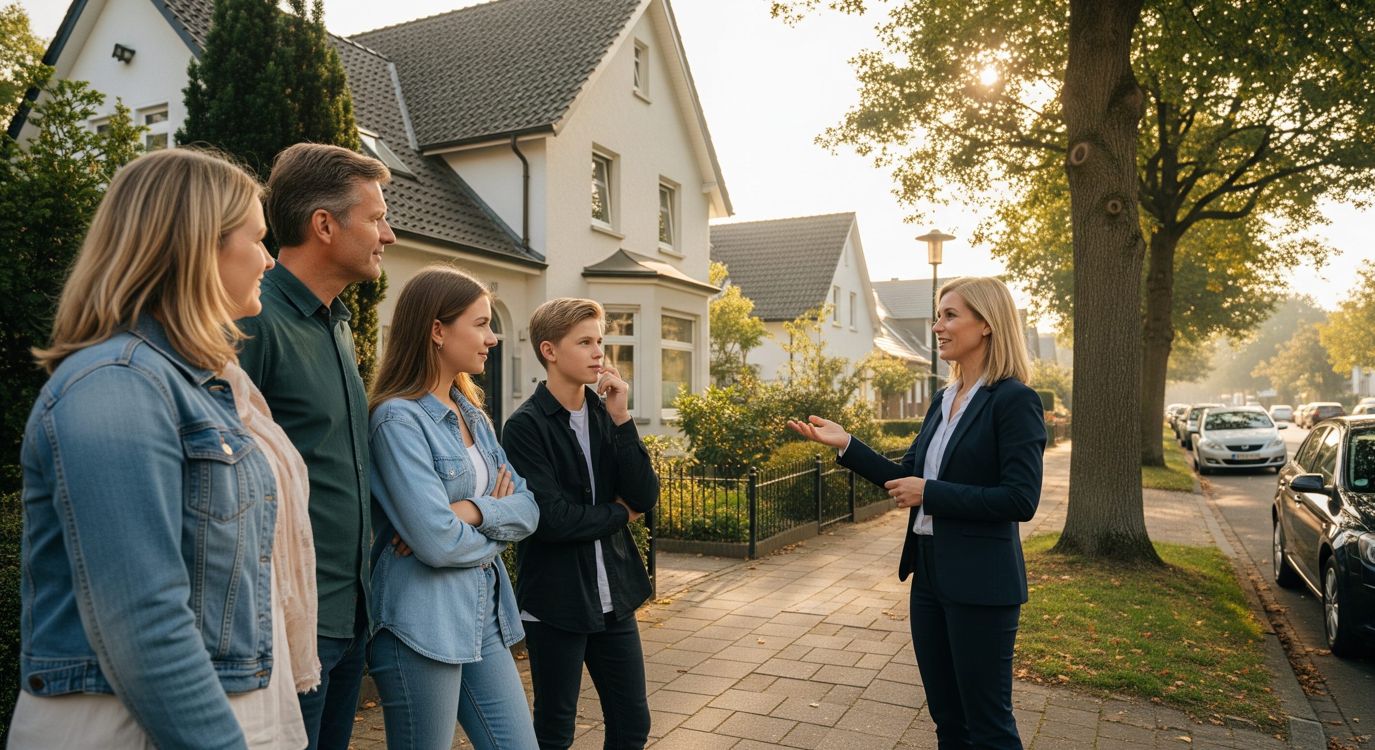 Familie besichtigt ein Einfamilienhaus mit Makler in einer ruhigen Wohnstraße