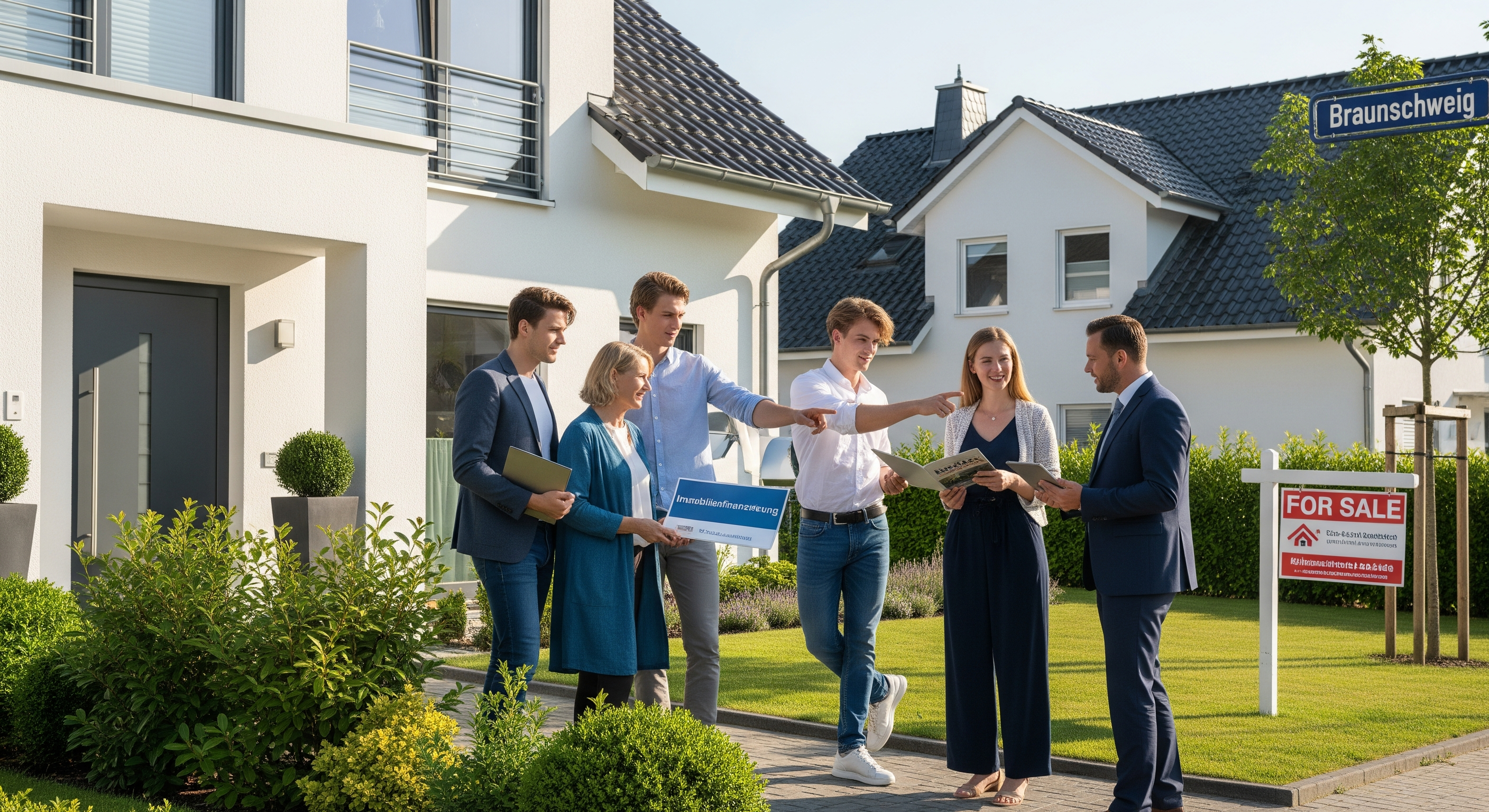 Familie besichtigt ein Einfamilienhaus mit Makler vor dem Eingangsbereich
