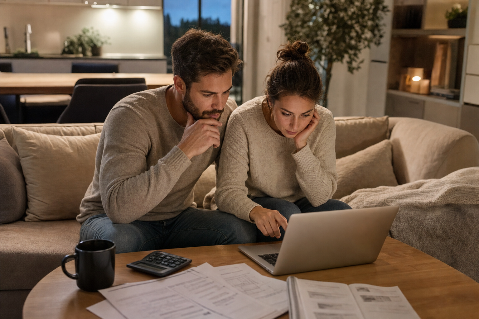 Paar sitzt abends auf dem Sofa und nutzt Laptop zur Berechnung der Baufinanzierung