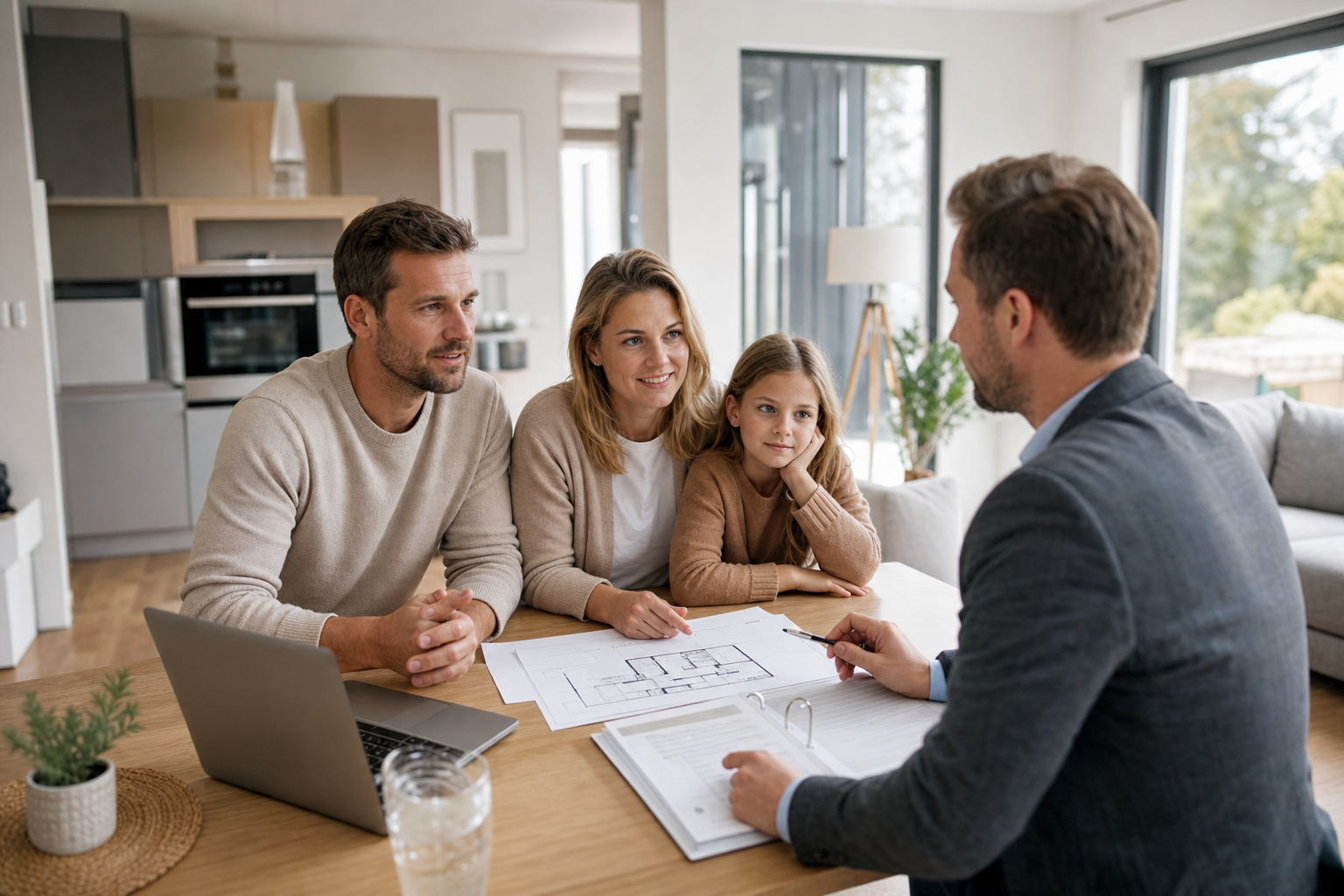 Familie steht in frisch renoviertem Eigenheim in Salzgitter und bespricht Budgetplanung