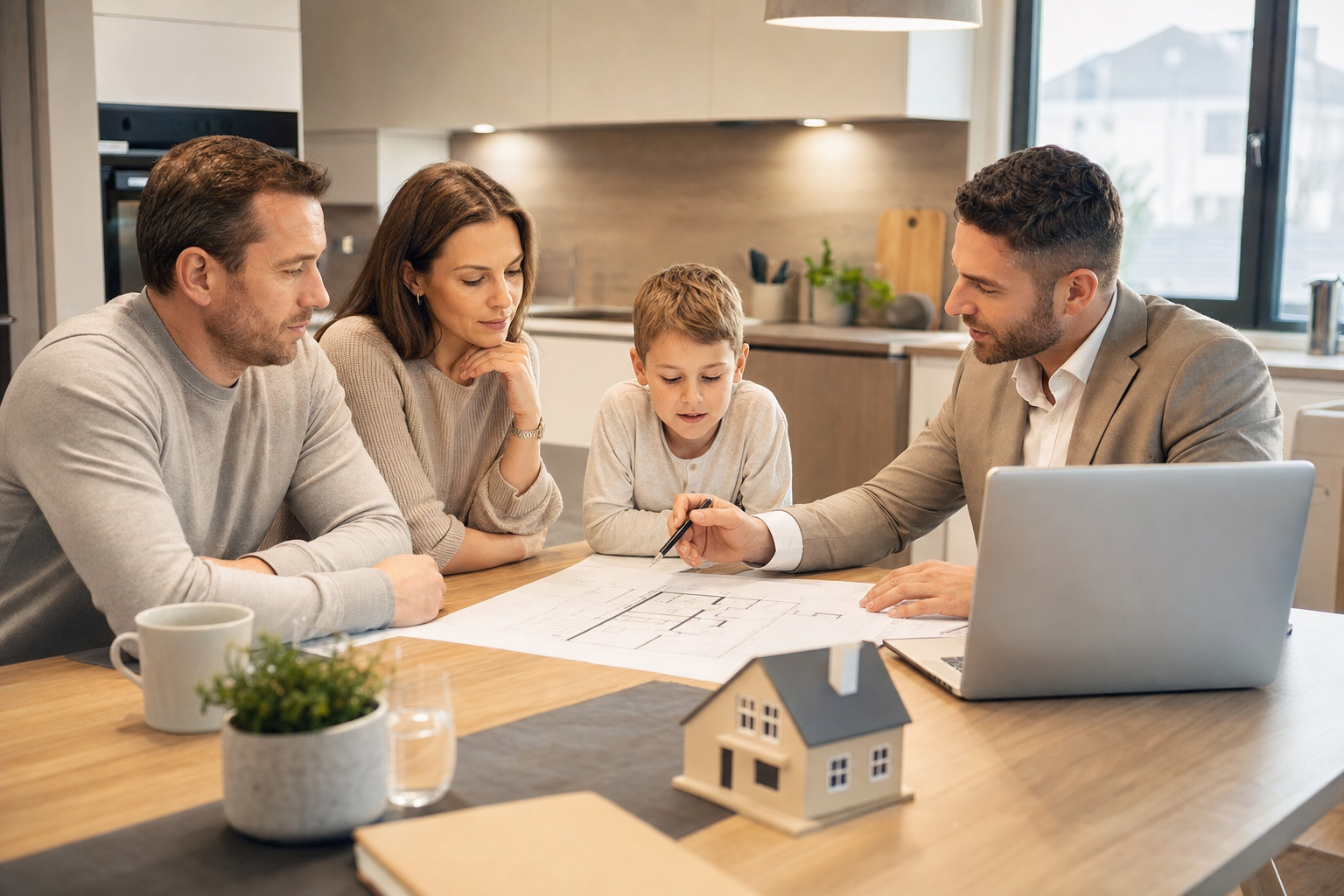 Familie sitzt am Küchentisch und bespricht Immobilienfinanzierung mit Berater