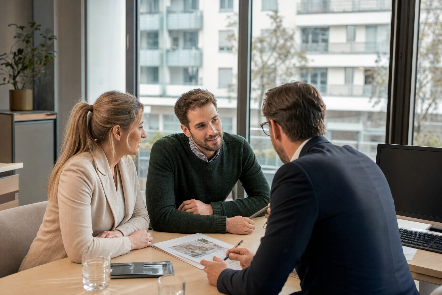 Junges Paar bespricht Baufinanzierung mit Berater in einem modernen Büro