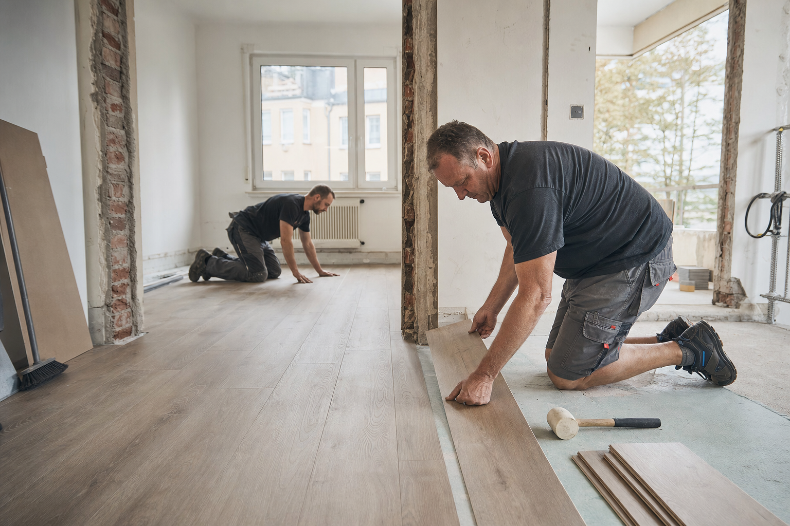 Handwerker renovieren eine Wohnung mit neuen Böden und Werkzeugen in einem Altbau