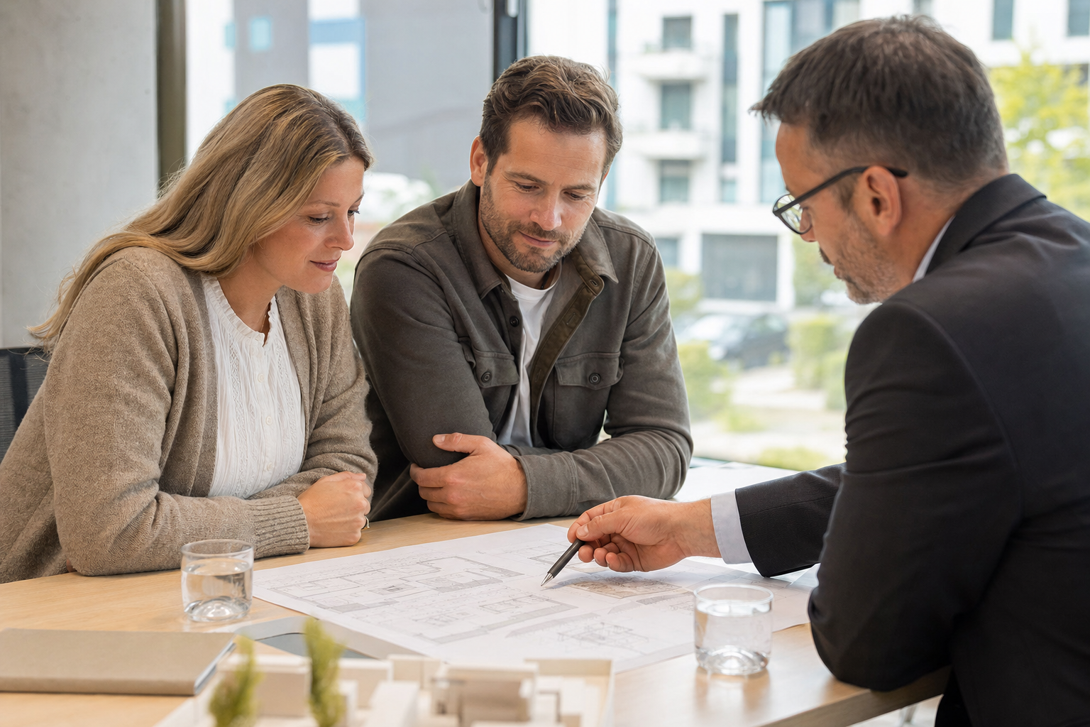 Bauherren besprechen Baupläne mit Energieberater in einem modernen Büro in Salzgitter