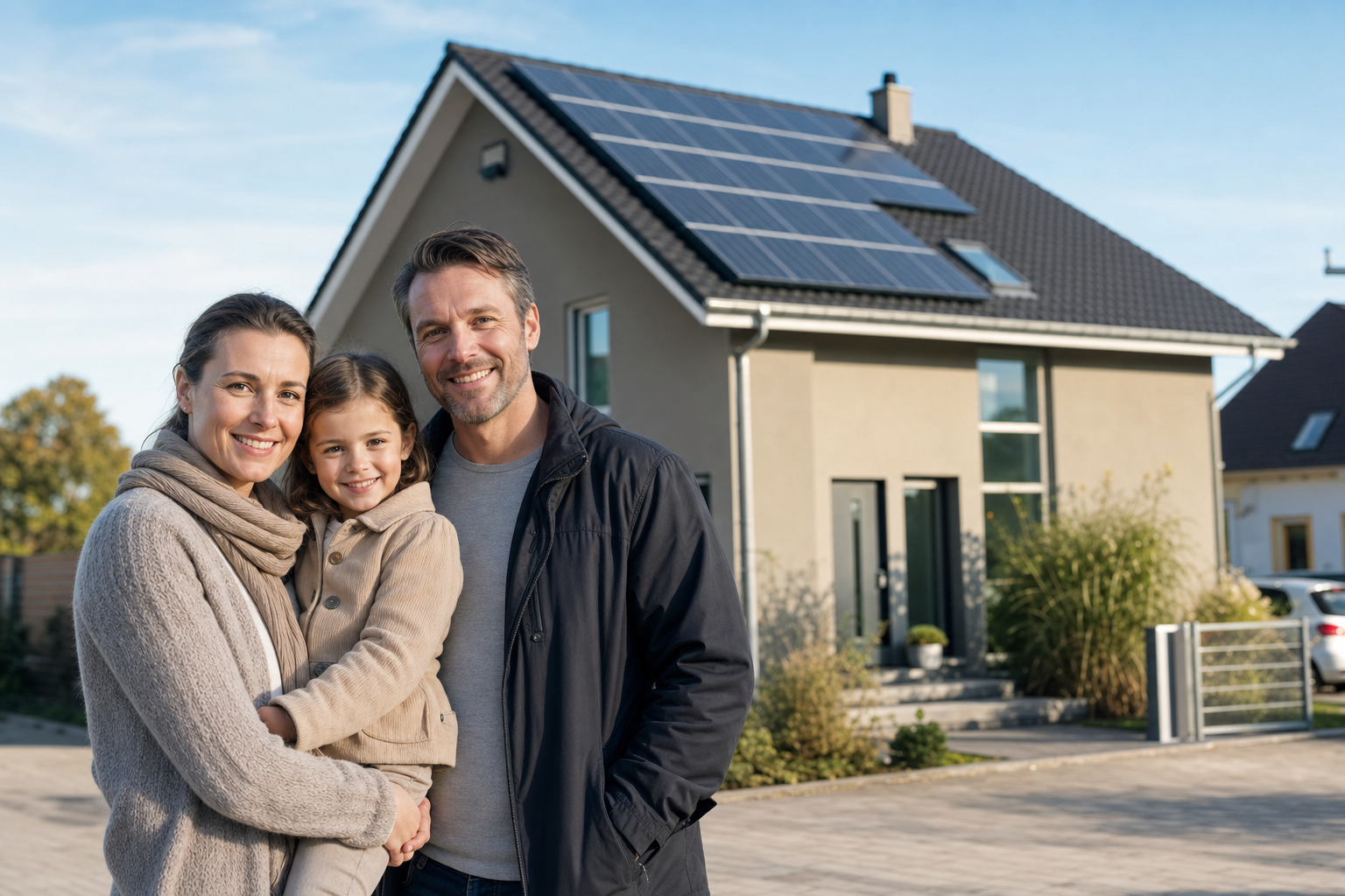 Familie vor neu gebautem Einfamilienhaus mit Solaranlage in Salzgitter