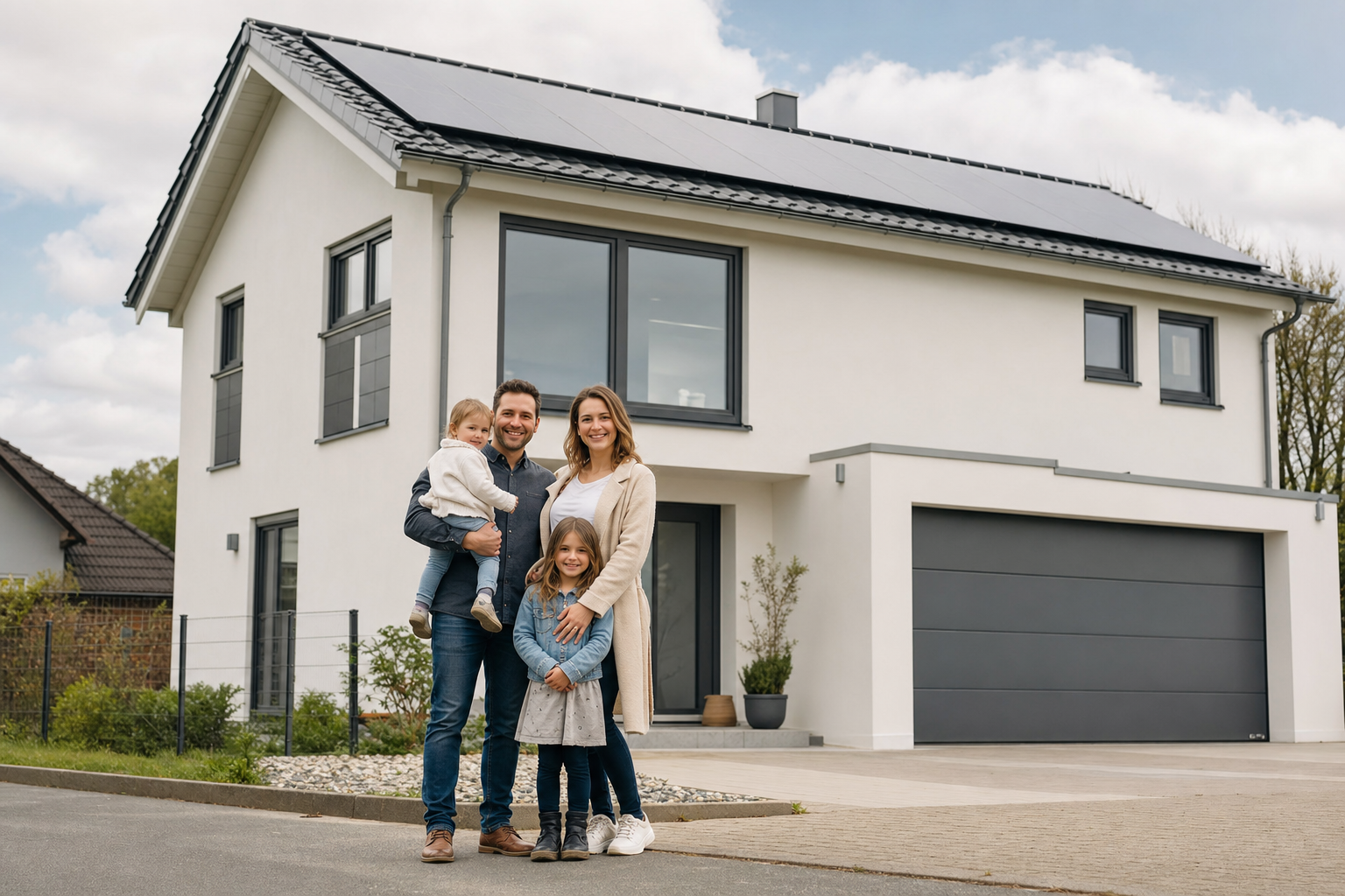 Familie steht vor einem energieeffizienten Neubauhaus mit Solaranlage in Salzgitter
