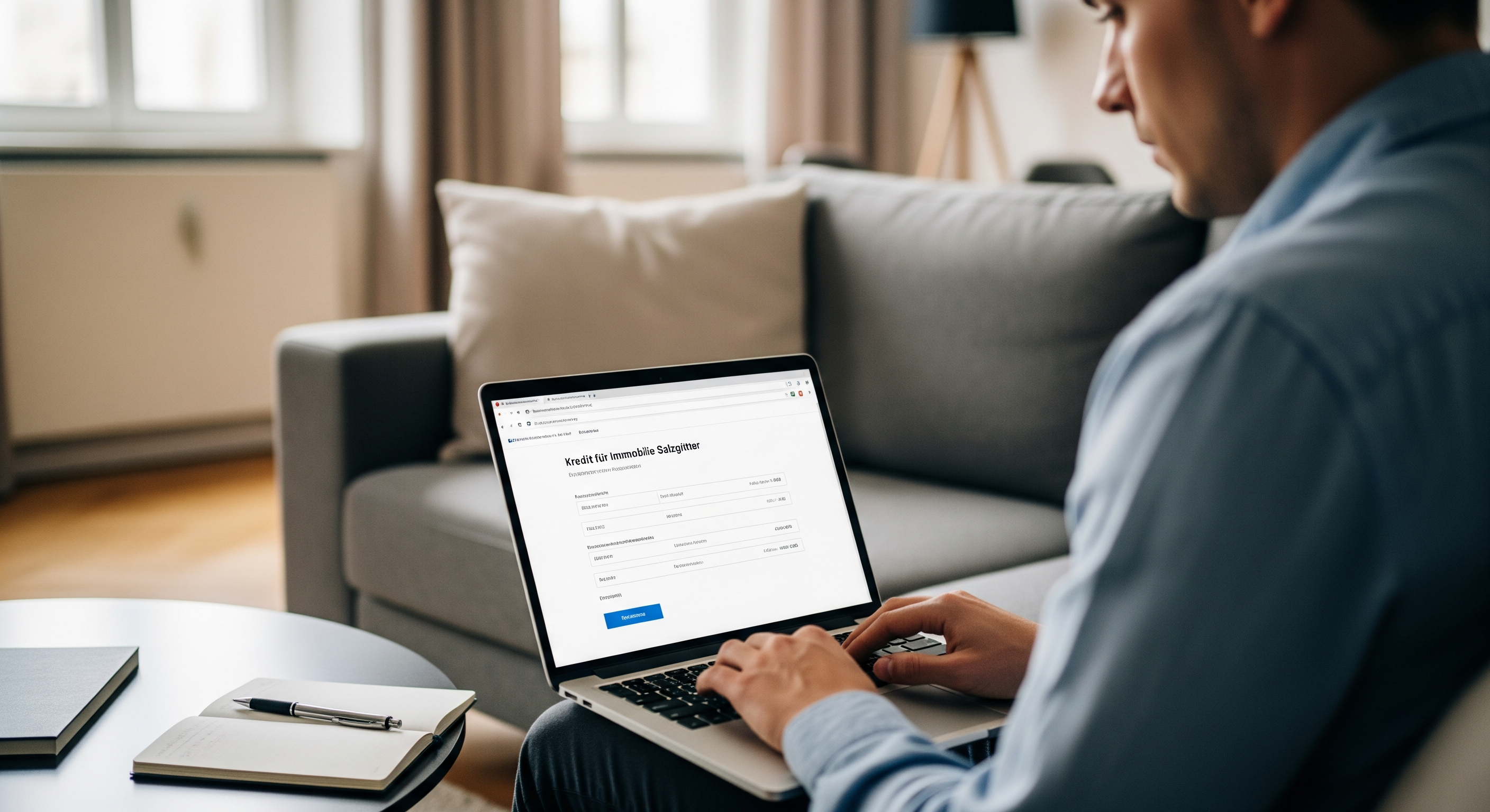 Person nutzt Laptop auf dem Sofa und berechnet Baufinanzierung online
