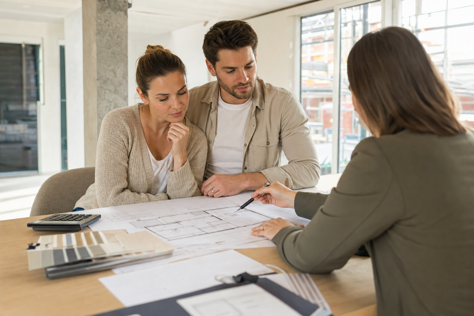 Bauherren besprechen Baupläne und Finanzierungsunterlagen am Tisch in einem neuen Haus