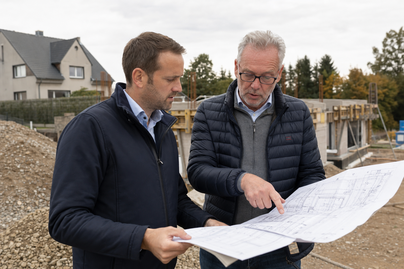 Bauherr bespricht Baupläne mit Architekt auf einer Baustelle in Salzgitter