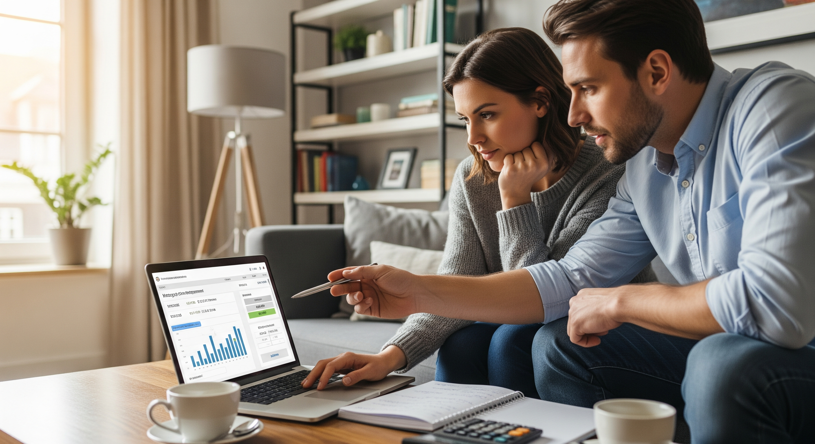Paar sitzt im Wohnzimmer und nutzt Laptop zur Berechnung ihrer Baufinanzierung