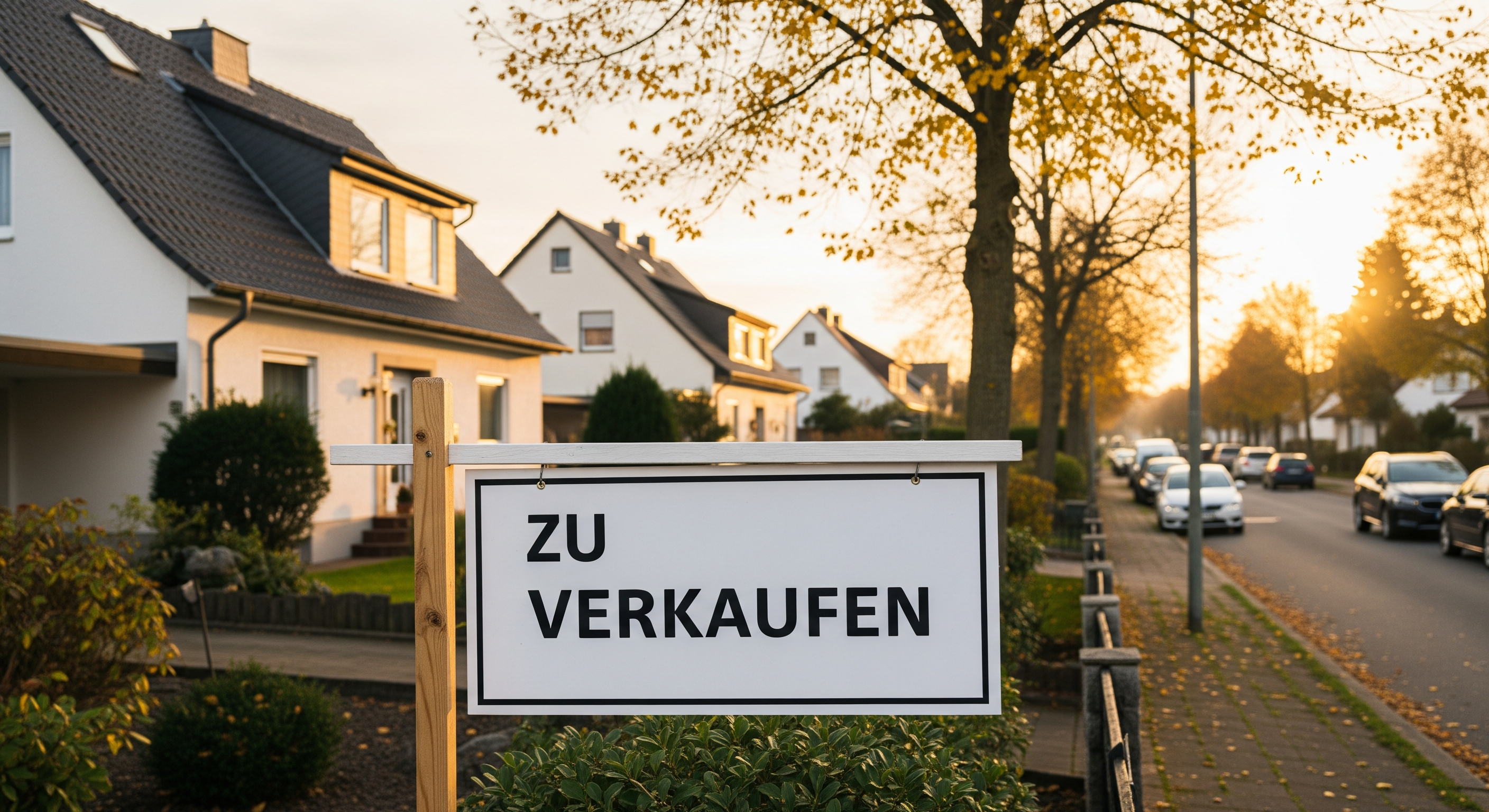 Einfamilienhaus in ruhiger Wohnstraße in Salzgitter mit Verkaufsschild im Vorgarten