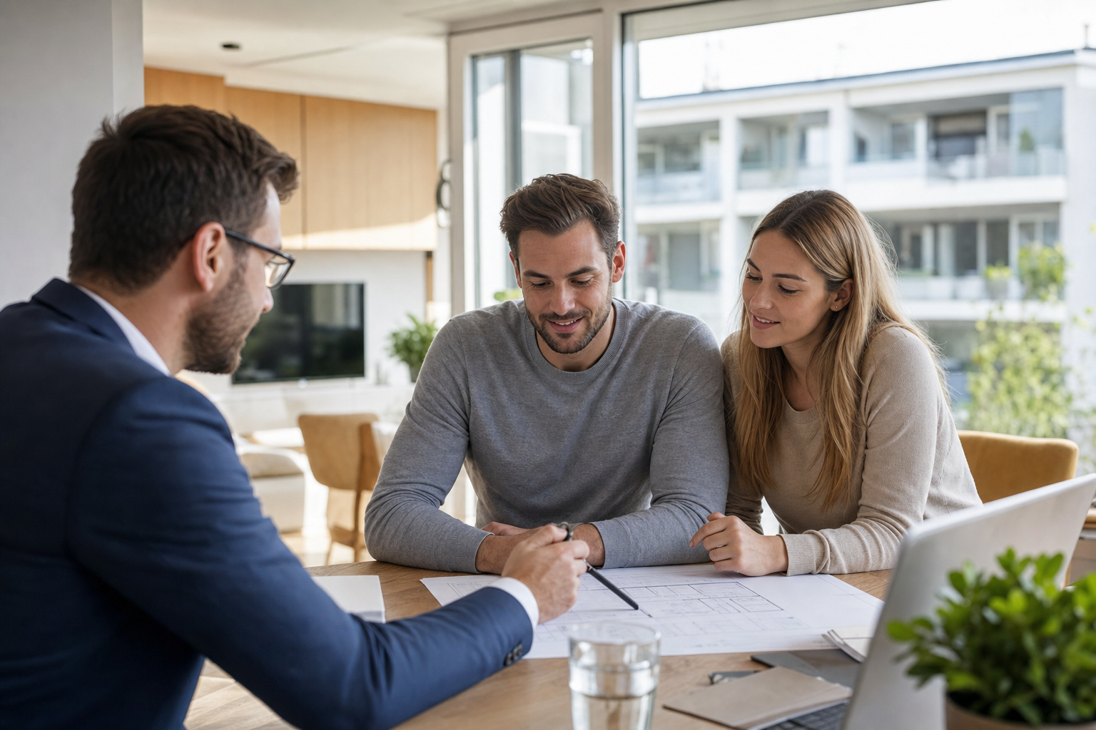 Junges Paar bespricht Baufinanzierung mit Berater am Tisch in moderner Wohnung