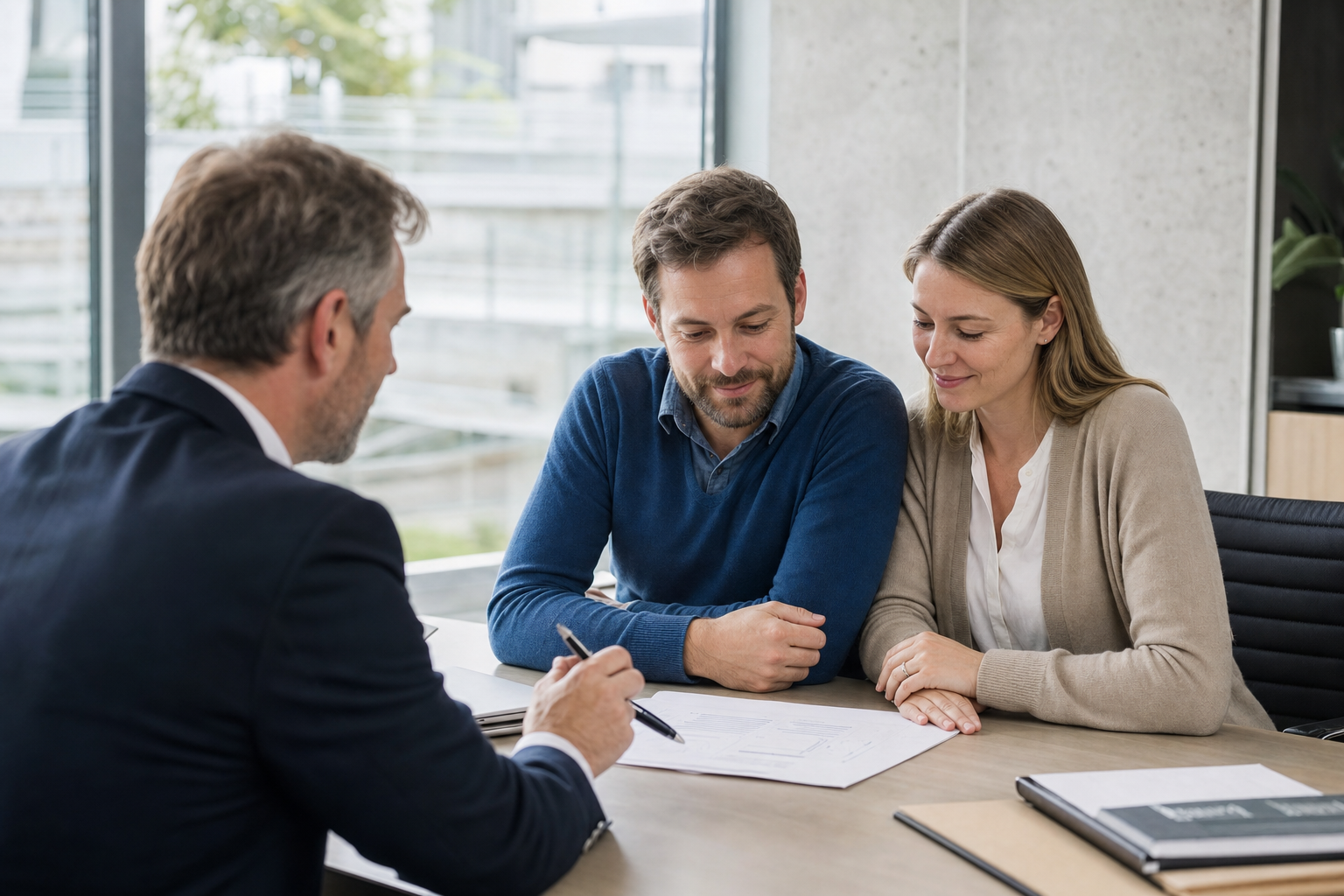 Berater erklärt einem Paar Baufinanzierung in einer Bankfiliale mit Unterlagen auf dem Tisch