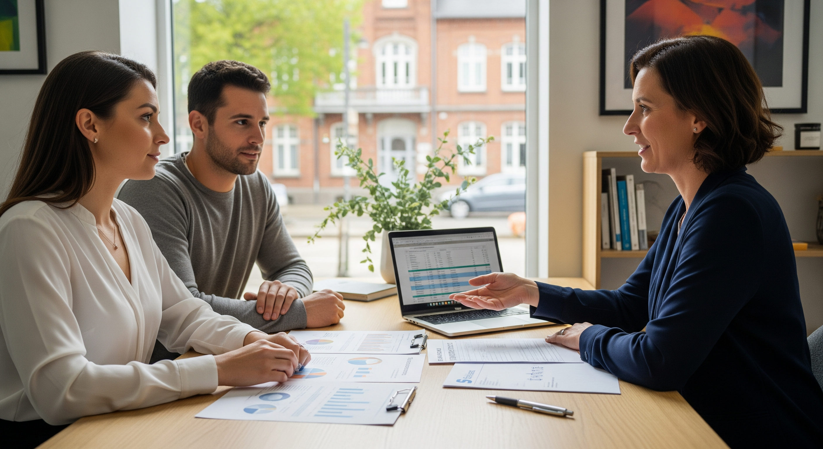 Familie sitzt mit Berater am Tisch und bespricht Immobilienfinanzierung in einem modernen Büro