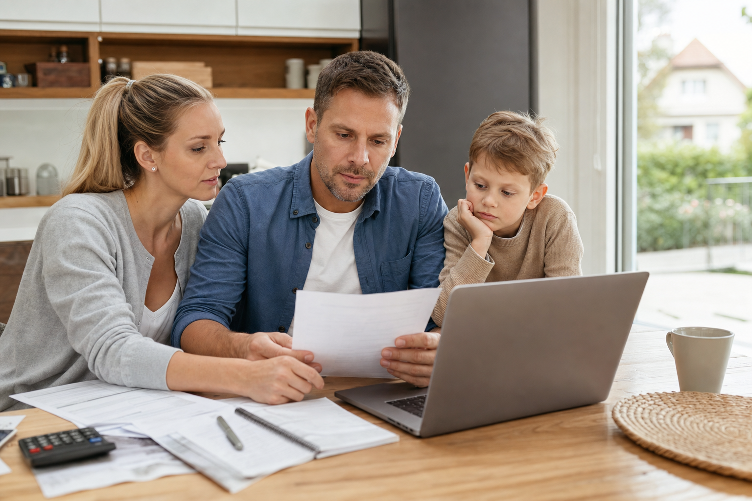 Familie sitzt am Küchentisch und bespricht Baufinanzierung mit Unterlagen und Laptop